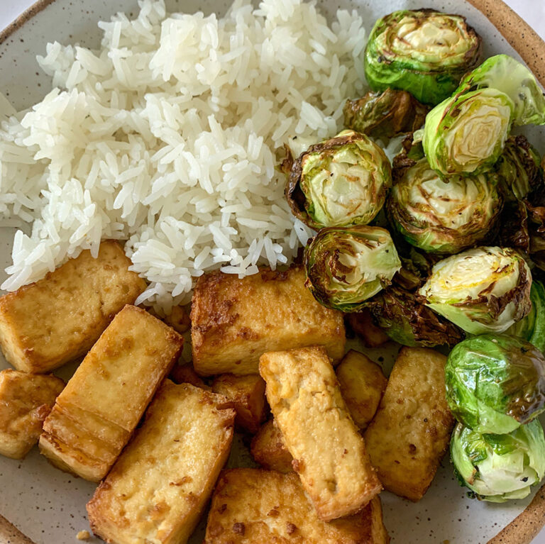 Close up of tofu, brussel sprouts, and rice