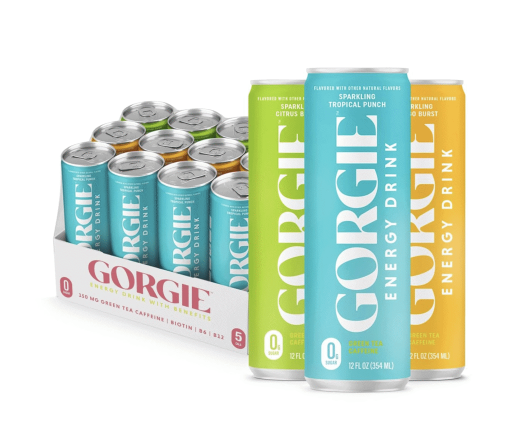 A blue, green and orange can in front with "GORGIE" written vertically in white lettering and a case of cans behind it.