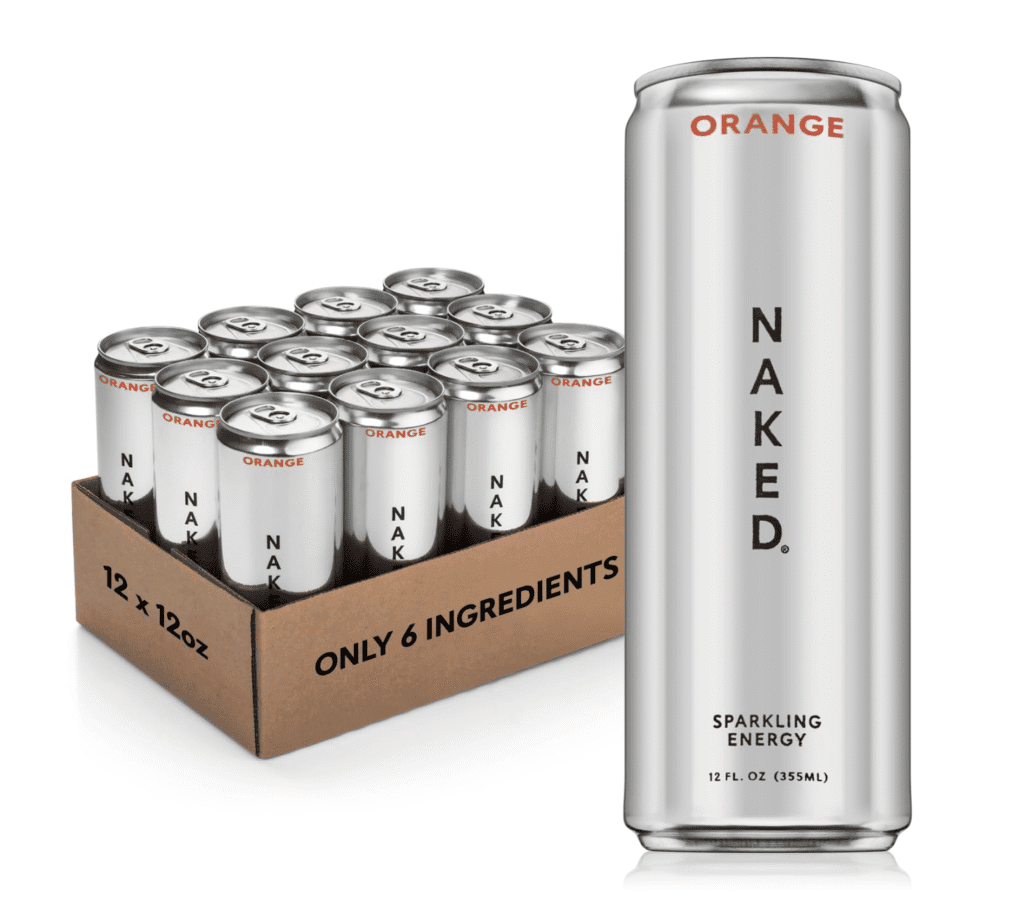 A silver can in front with "NAKED" written vertically in black and a case of cans behind it.