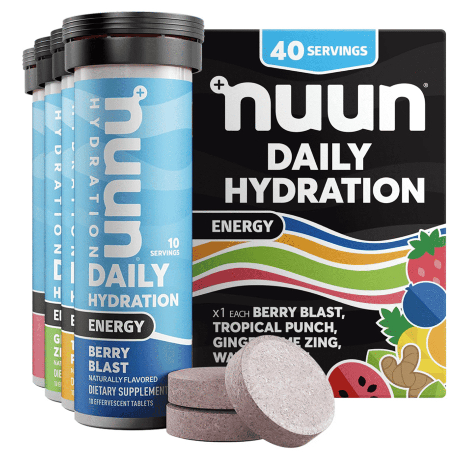 A variety box of nuun daily hydration with the bottles on the left hand side and the tablets at the bottom.