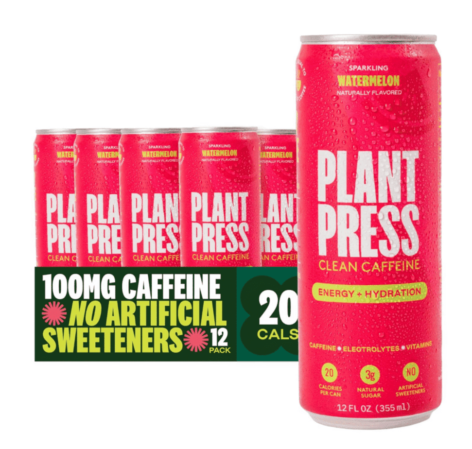 A bright pink can in front with "plant press" written in white and a case of cans behind it.