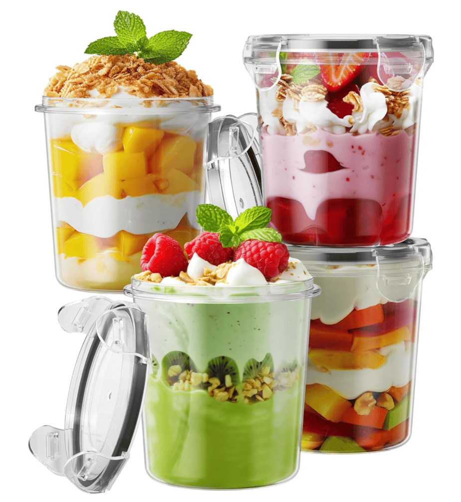 Four plastic jars filled with fruit, smoothies, oats, and more. 