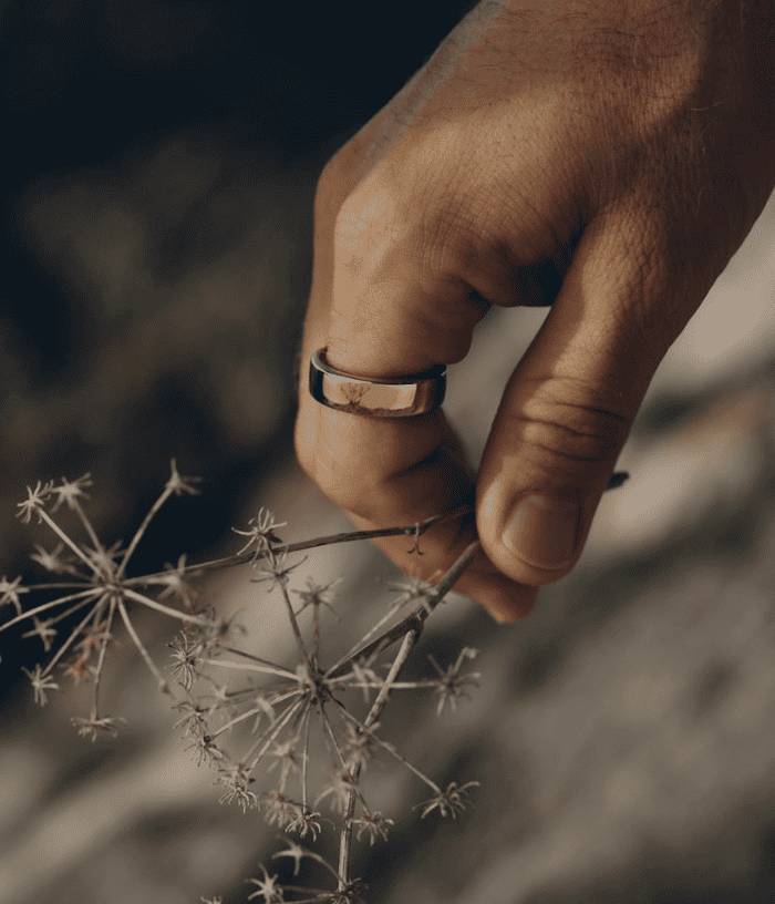 A hand wearing the oura ring holding flowers