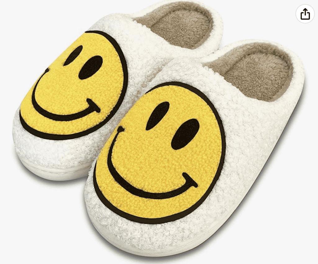 Yellow and black smiley face slippers