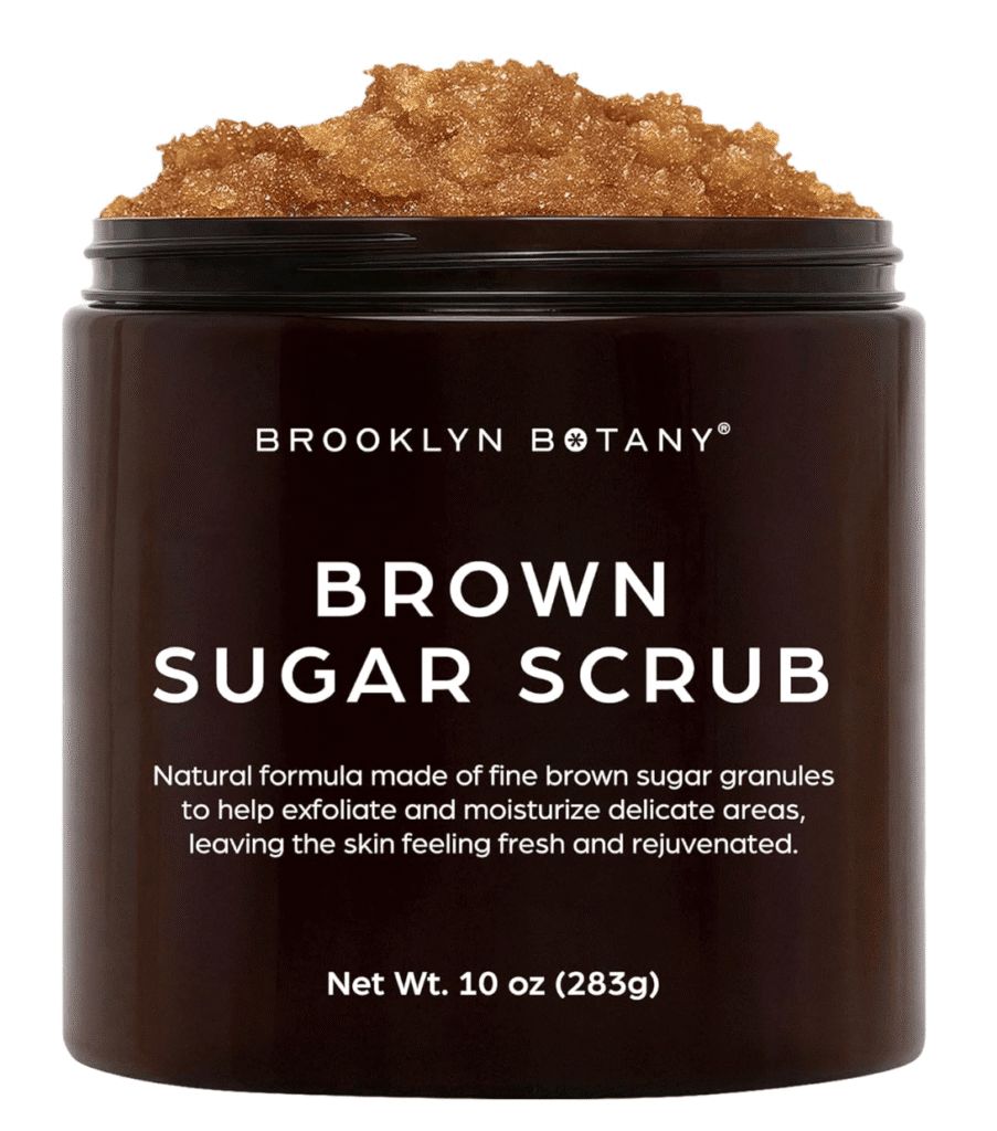 An open container of brown sugar scrub