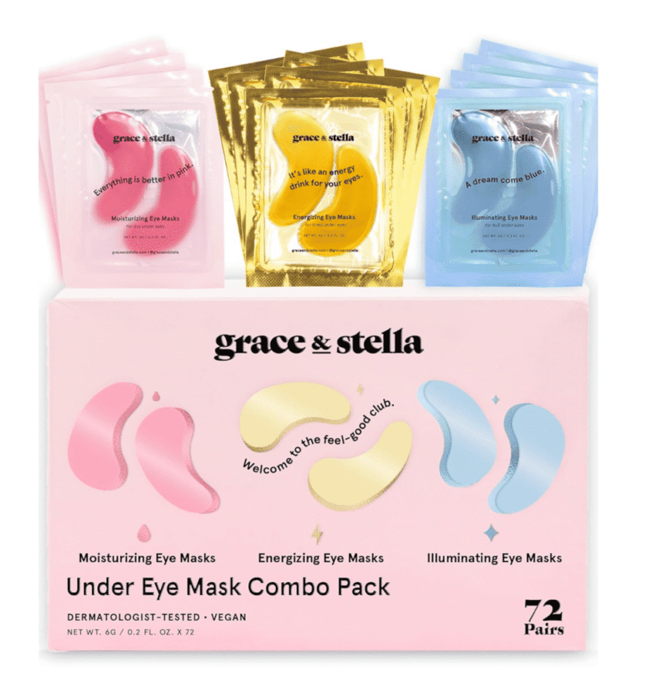 A pink box of under eye masks with three different kinds of eye masks