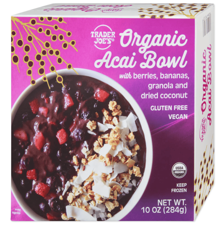A açaí bowl in a purple box with an image of it on front