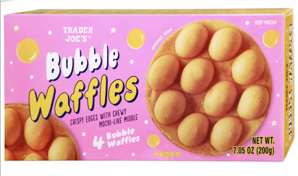 A pink box of bubble waffles with an image of a waffle on the front