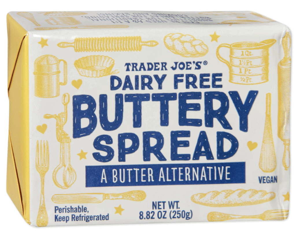 A block of dairy free butter with yellow packaging and blue text