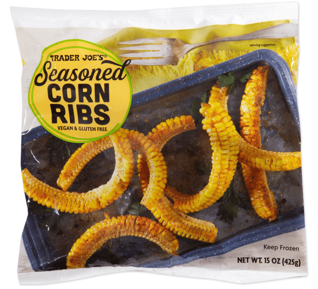A bag of seasoned corn ribs with an image of the corn ribs on a pan on the bag