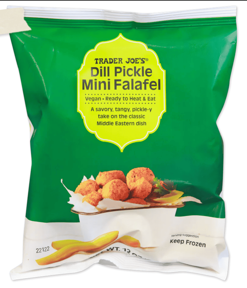 A green bag of dill pickle mini falafel