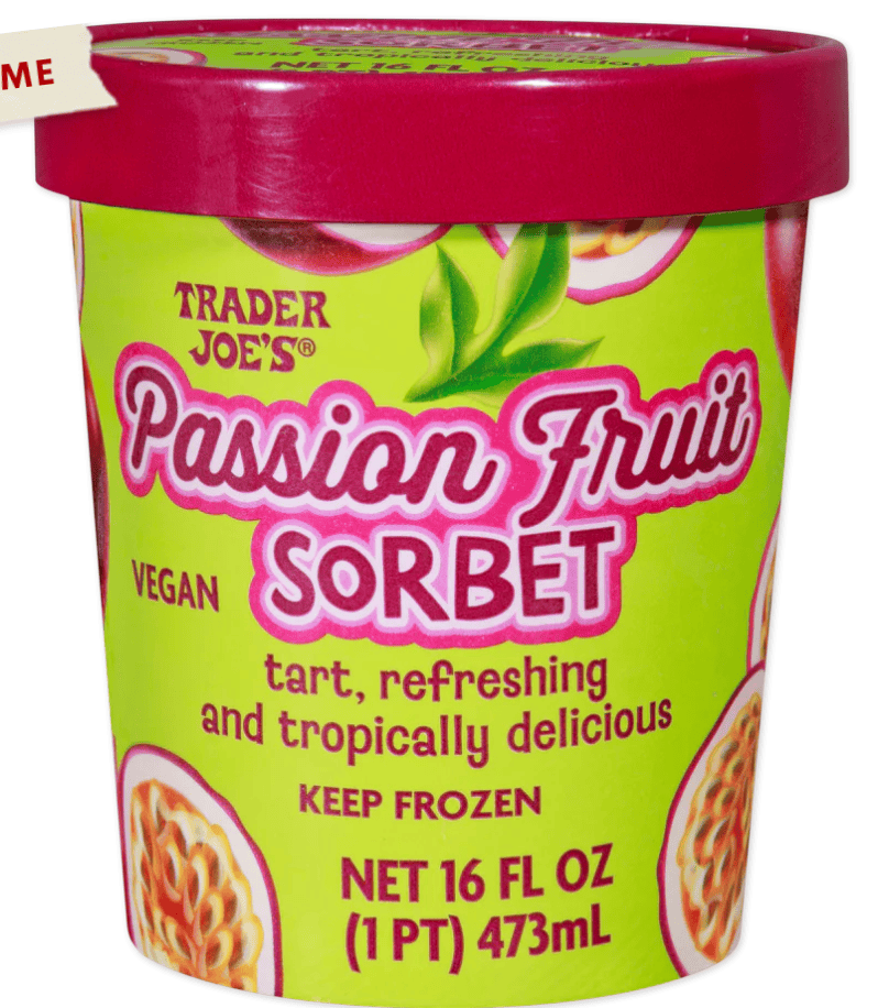 A green container of passion fruit sorbet with a pink lid