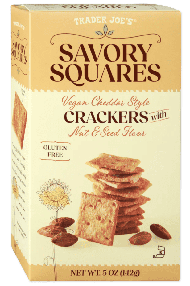 A yellow box with crackers on it and the label "savory squares"