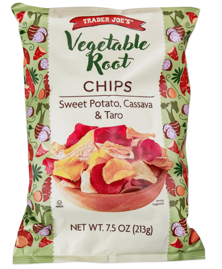 A bag of vegetable root chips with vegetable doodles on the side of the bag and an image of the chips on the front