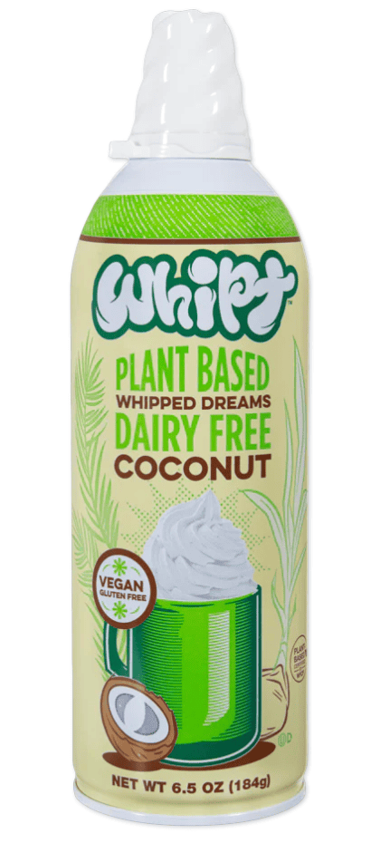 A can of coconut whipped cream with a mug on front and a coconut