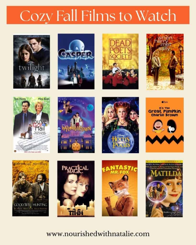 Collage of cozy fall films to watch with 12 different films featured. 
