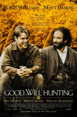 Two men sitting together with the film title 'good will hunting' at the bottom
