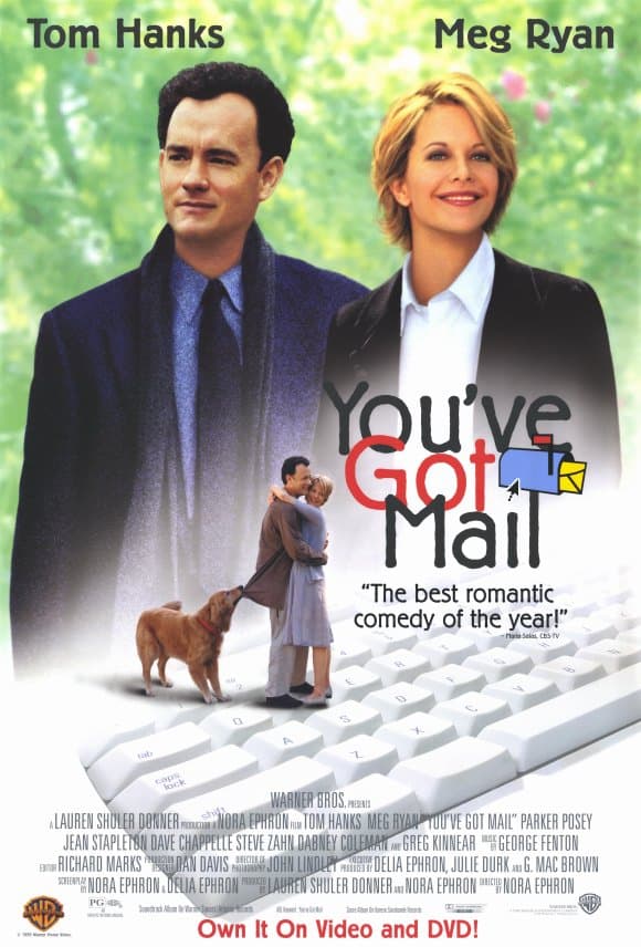 A man and woman standing next to each other and another, smaller, image of them hugging in the middle with the film title, 'you've got mail' written in the righthand middle.