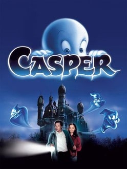 A castle with a man and a girl standing in front and the film title 'Casper' at the top with a ghost peeking above.
