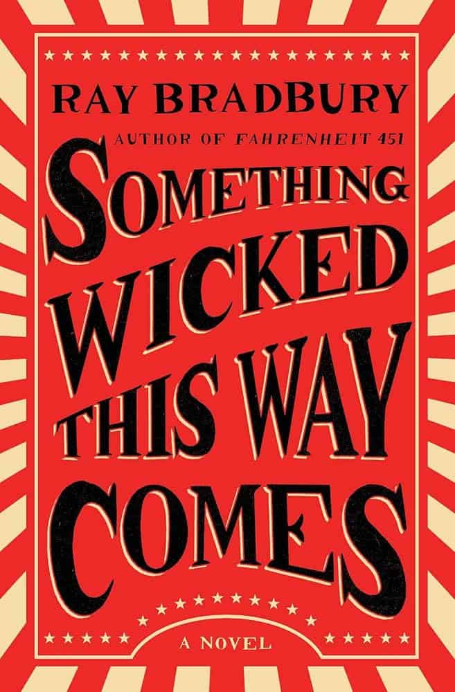 A red and black book cover for 'something wicked this way comes'