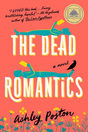 Pink-ish orange and blue book cover for the dead romantics 