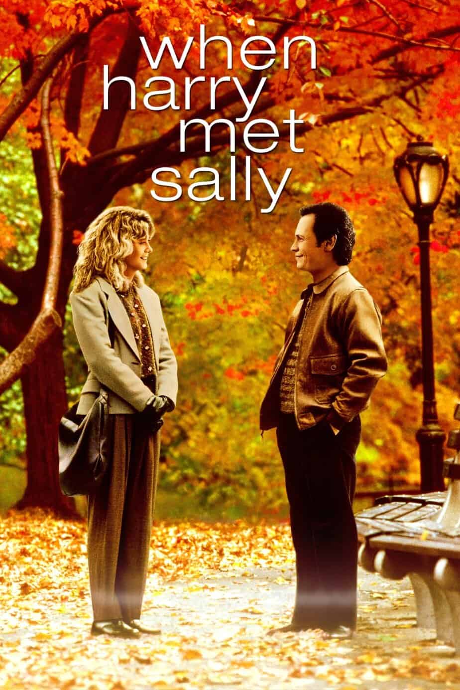 Two people standing in front of trees during autumn with the title 'when harry met sally' at the top