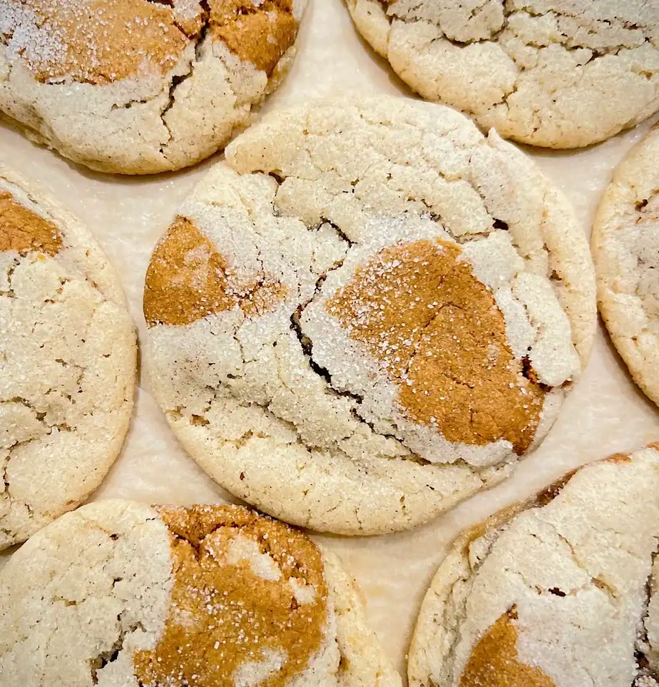 Top down shot of a close up of vegan ginger snickerdoodles.