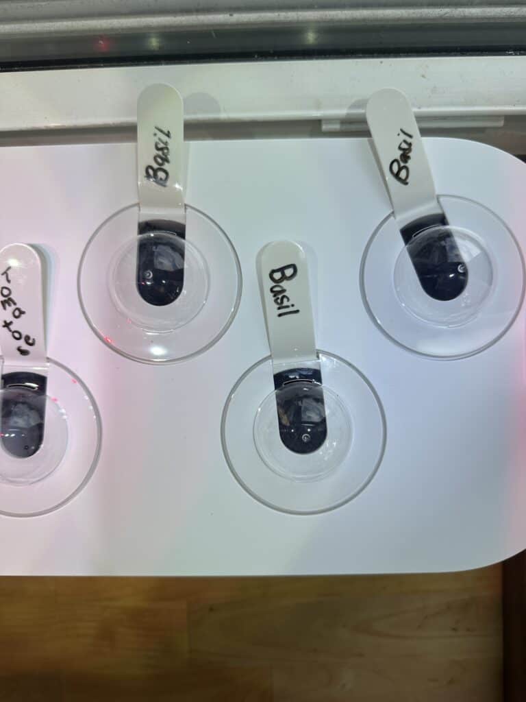 The unit with the plant pods inside labelled with what is growing.