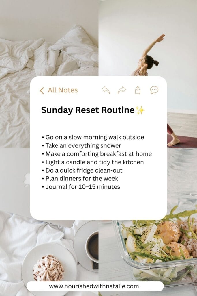 Image of a notes app that says 'Sunday Reset Routine' with bullet point ideas below.