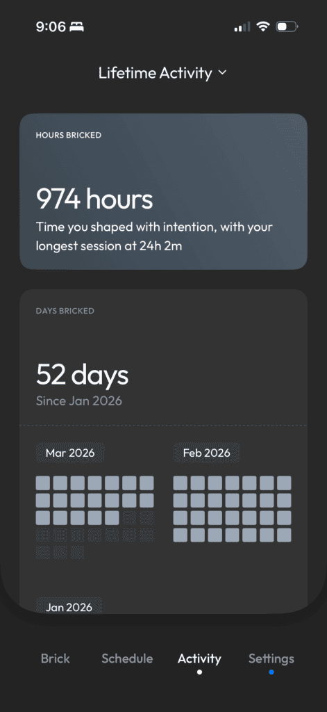 A screenshot from inside the brick app showing the amount of hours I've been bricked.
