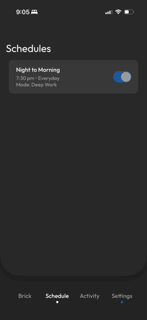 A screenshot from inside the brick app showing the schedules I've set up.