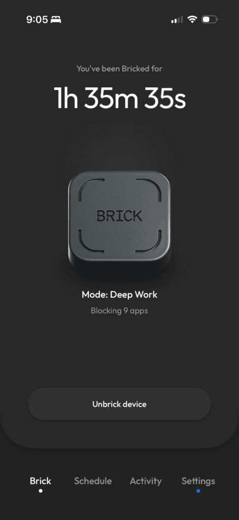 A screenshot from inside the brick app showing the amount of hours I've been bricked today.