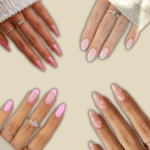 4 different pink nail ideas on a cream background