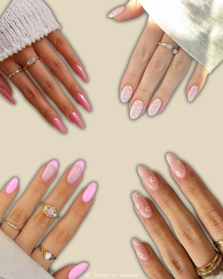 4 different pink nail ideas on a cream background