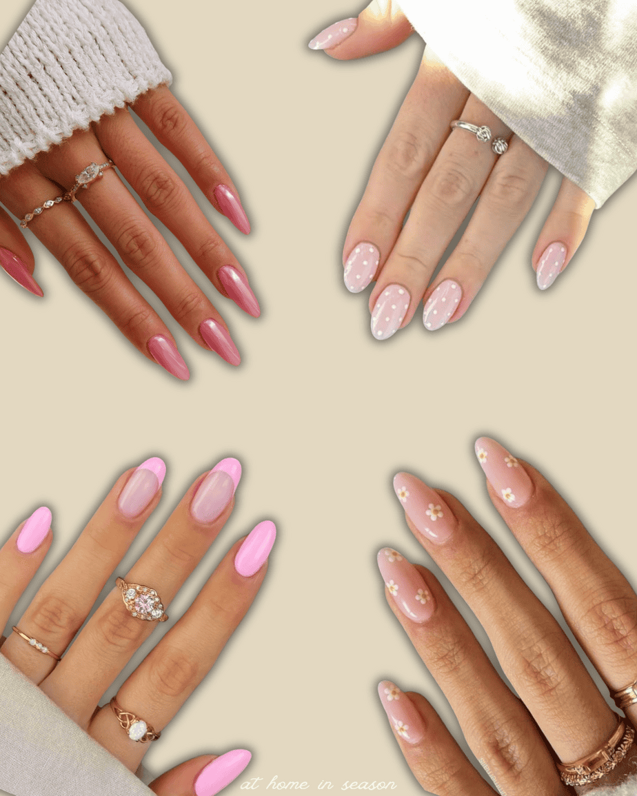 4 different pink nail ideas on a cream background