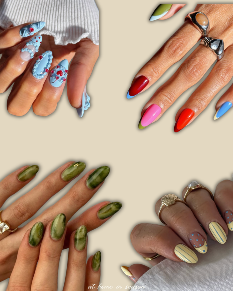 4 different spring nail ideas on a cream background