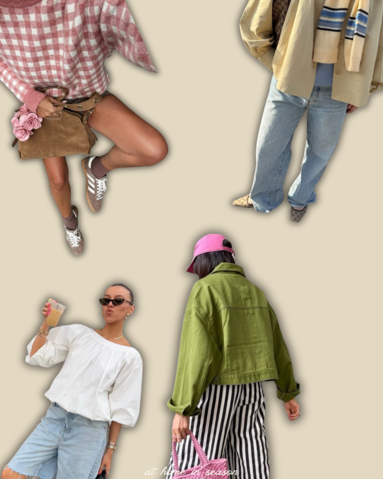 4 different Spring nail outfits on a cream background