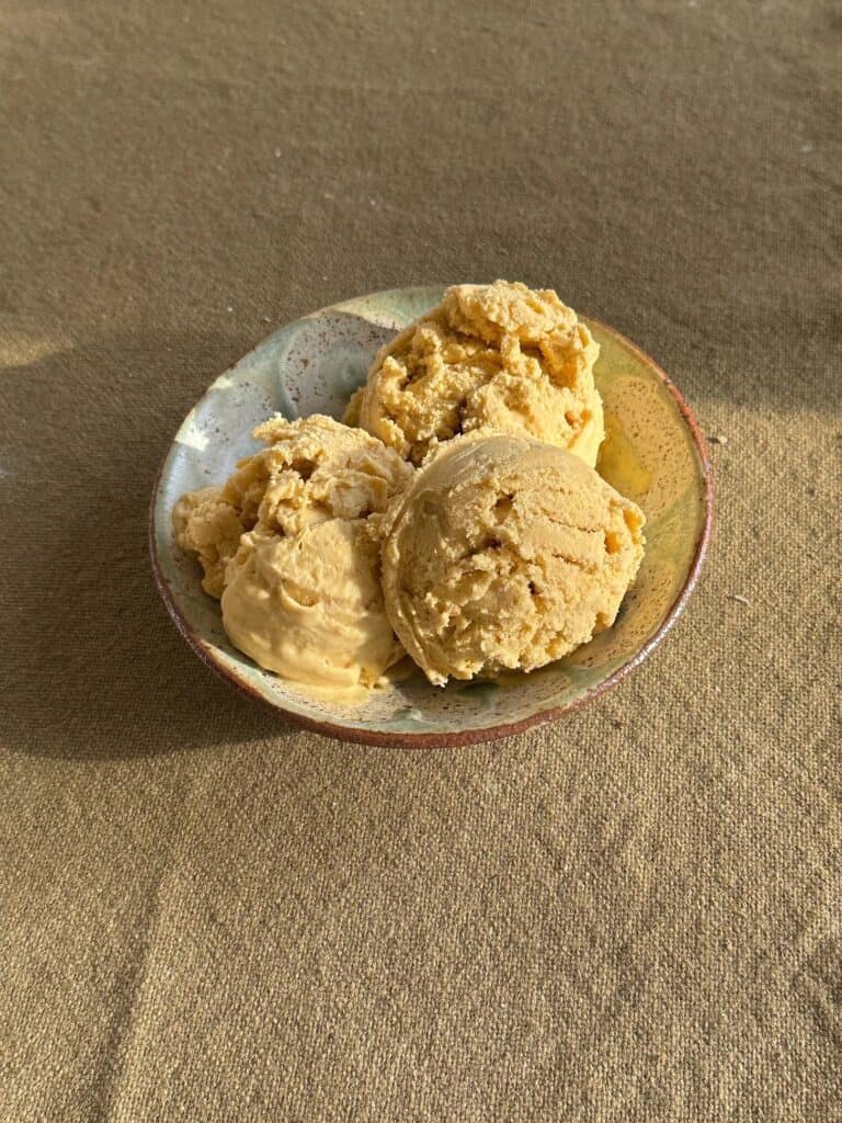 A bowl of pumpkin ice cream with three scoops on a green background