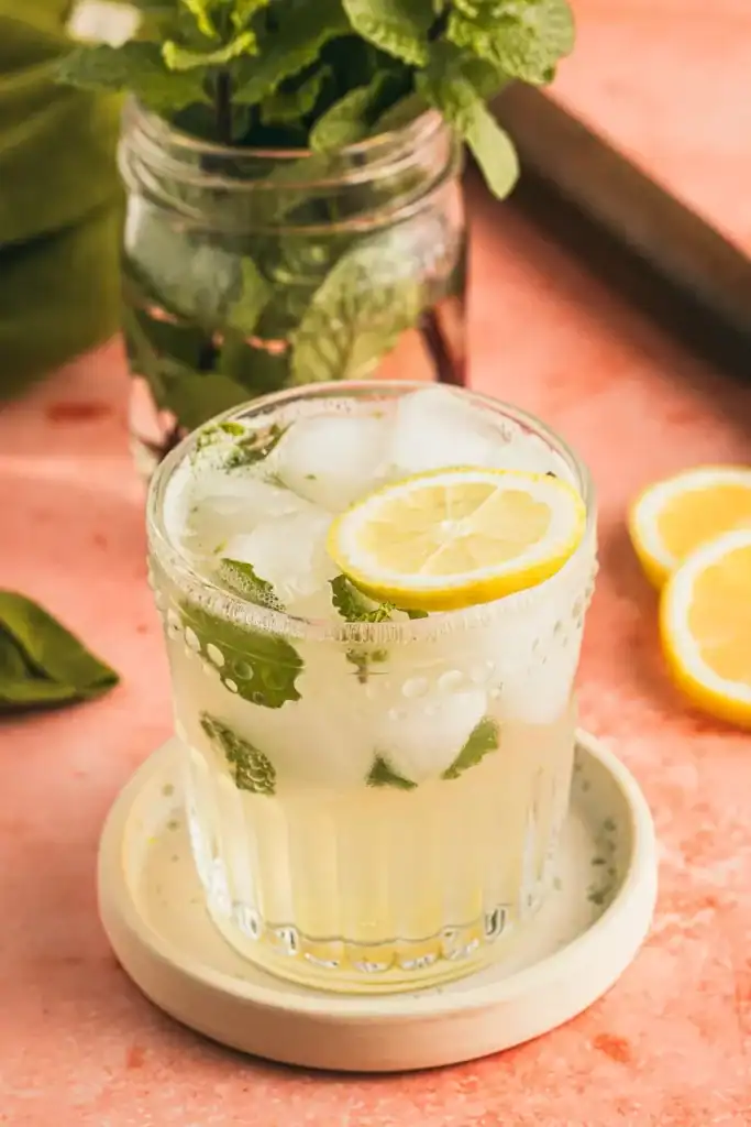 A glass of a lemon mojito mocktail garnished with lemon slices and fresh mint