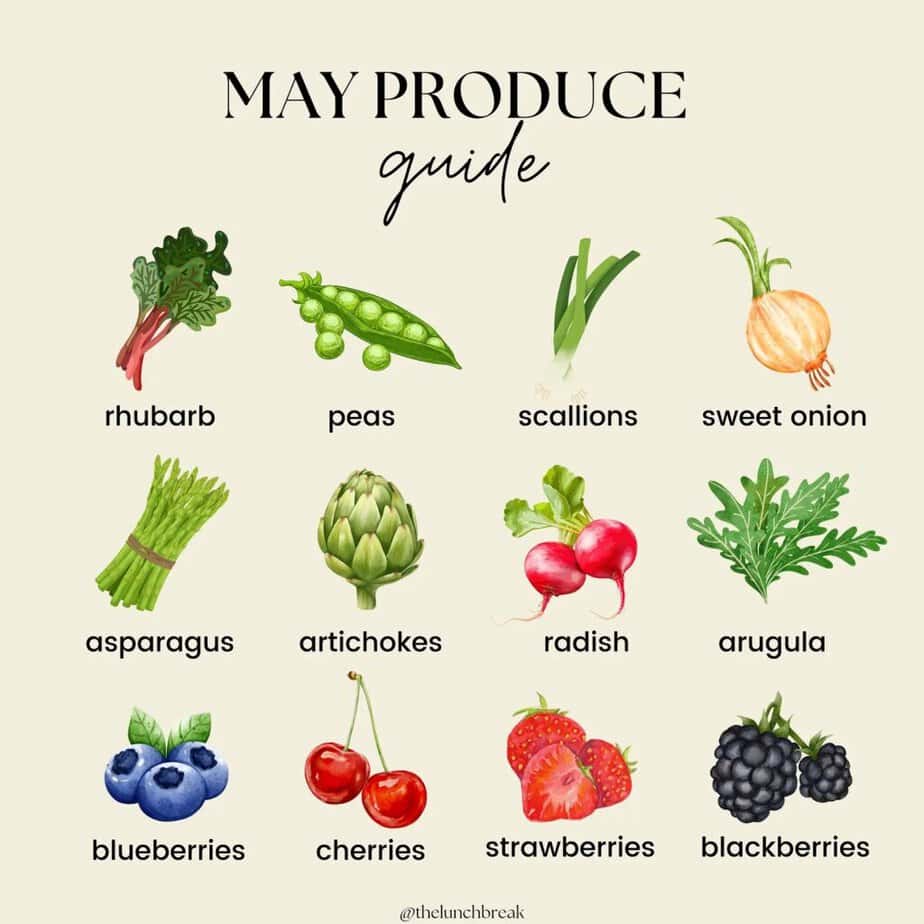 Produce guide titled, May Produce Guide, with various fruits and vegetables that are in season.