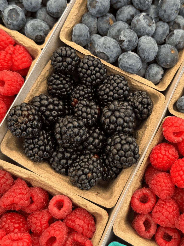 A close up of a box of blackberries surrounded by blueberries and raspberries