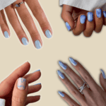 Four different blue nail designs on a cream background.