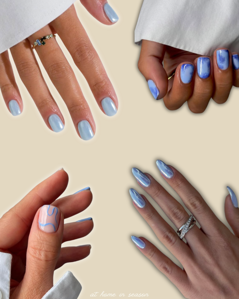 Four different blue nail designs on a cream background.