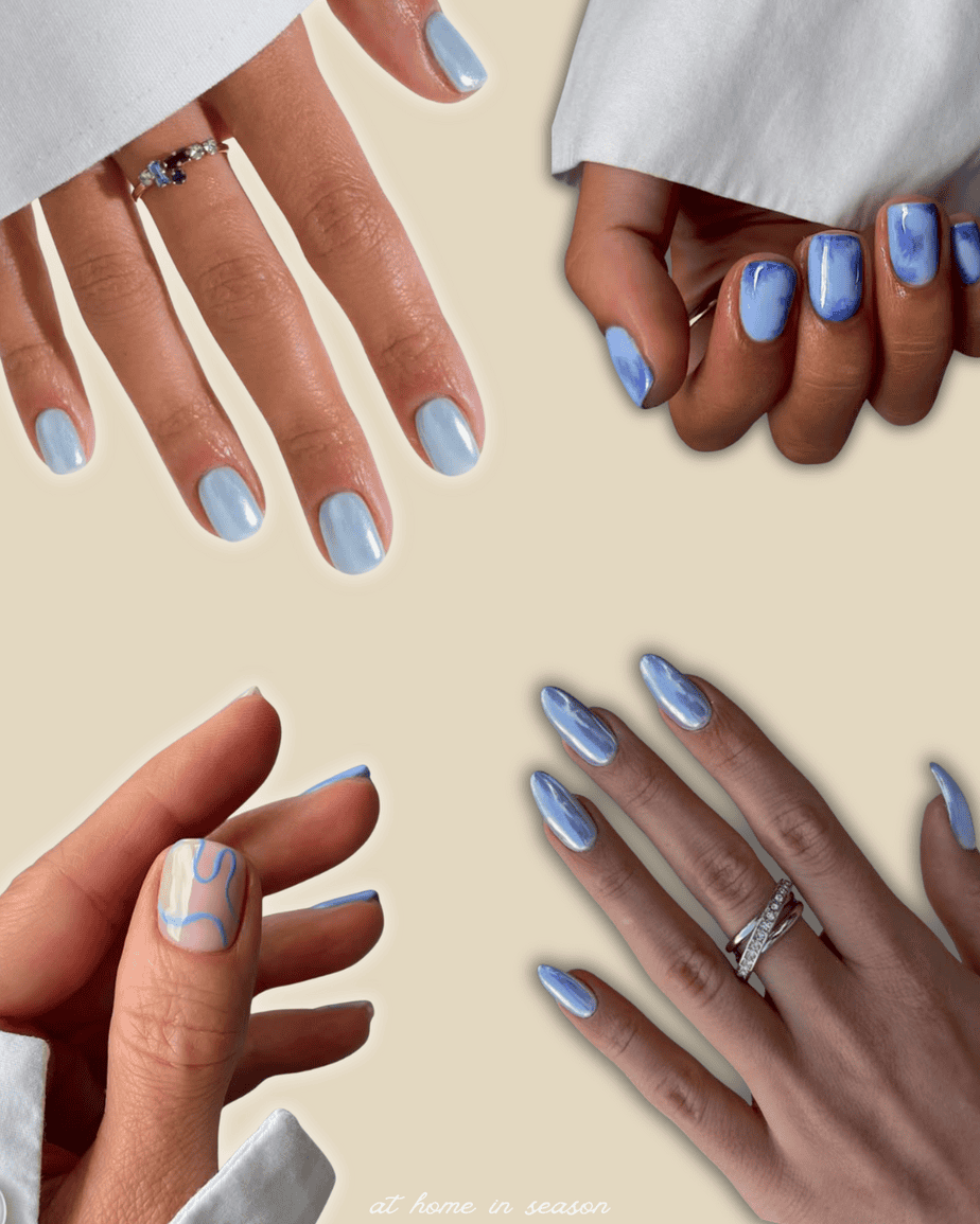 Four different blue nail designs on a cream background.