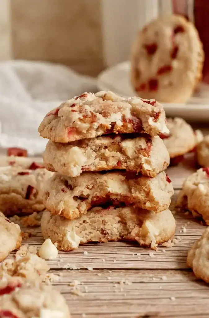 A stack of four rhubarb cookies with  bites taken out, showing the inside, with more cookies in the background