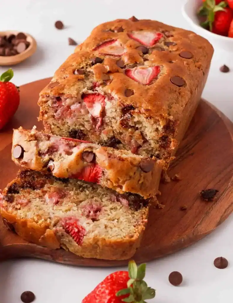 Strawberry chocolate chip loaf bread  with two slices taken