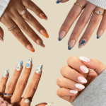 Four different beach vacation nail ideas with a tan background