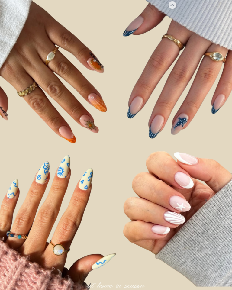 Four different beach vacation nail ideas with a tan background