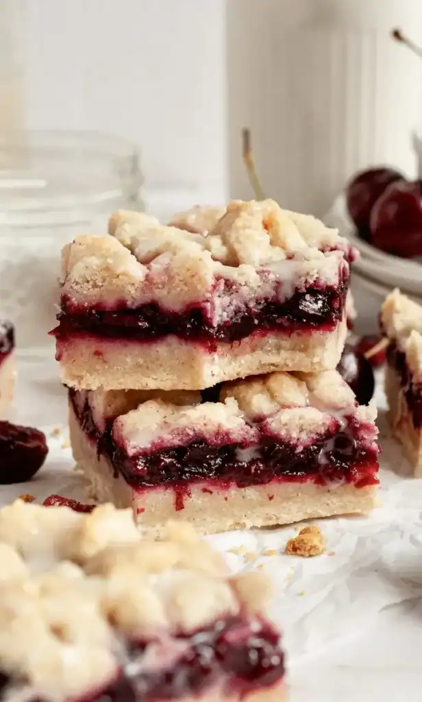 A stack of cherry bars with a bite taken out of the top one