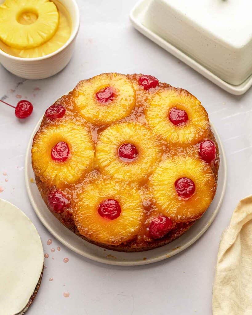 A top down shot of vegan pineapple upside down cake